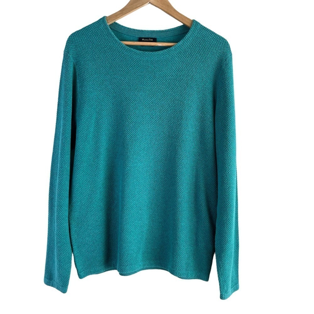 Massimo Dutti Crewneck Waffle Knit Extrafine Cotton Sweater in Pine Green, Large
